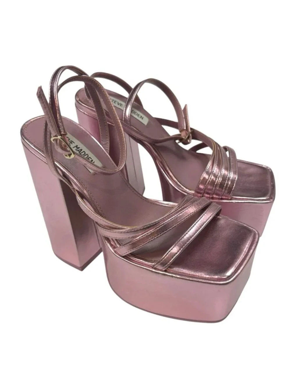 Steve Madden Thorne Platform Sandals Size 6 Metallic Pink Chunky Heel Square Toe